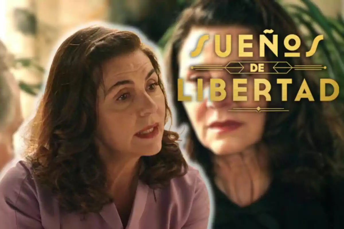 Ana Fernández de cabello castaño y expresión seria aparece en primer plano, mientras que detrás de ella se ve un cartel con el texto "Sueños de Libertad".