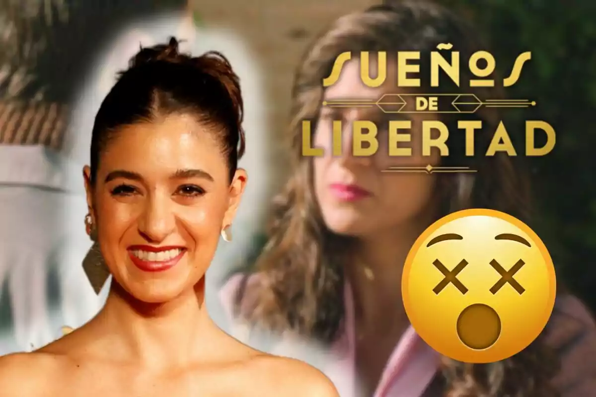 Candela Cruz sonriente con el cabello recogido aparece en primer plano, mientras que en el fondo se ve una imagen borrosa de otra mujer y el texto "Sueños de Libertad" junto a un emoji con ojos en forma de X y la boca abierta.