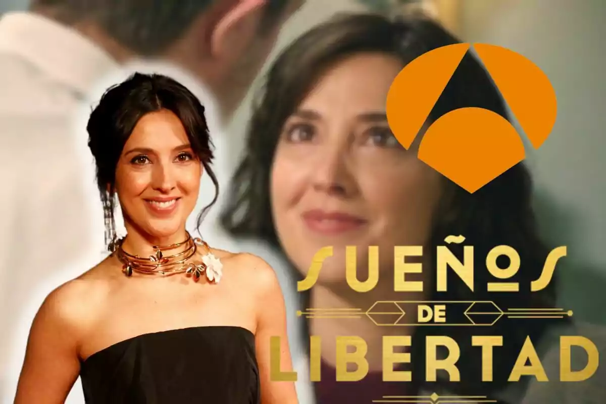 Montaje con una escena de 'Sueños de libertad', Carolina Lapausa con los hombros descubiertos, el logo de Antena 3 y el de la serie