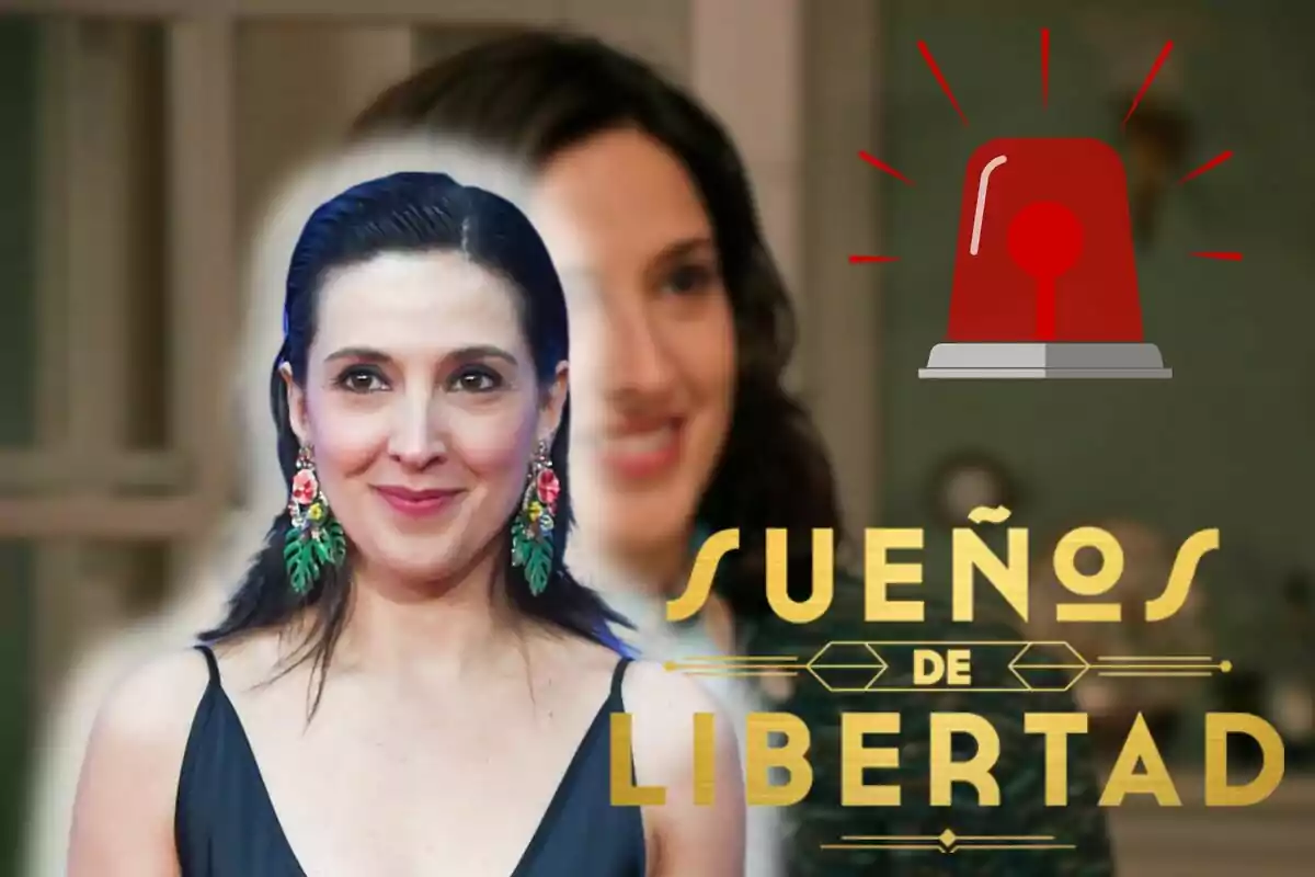 Carolina Lapausa con pendientes coloridos y un vestido negro aparece en primer plano, con una imagen borrosa de ella misma en el fondo y el texto "Sueños de Libertad" junto a una sirena roja en la esquina superior derecha.