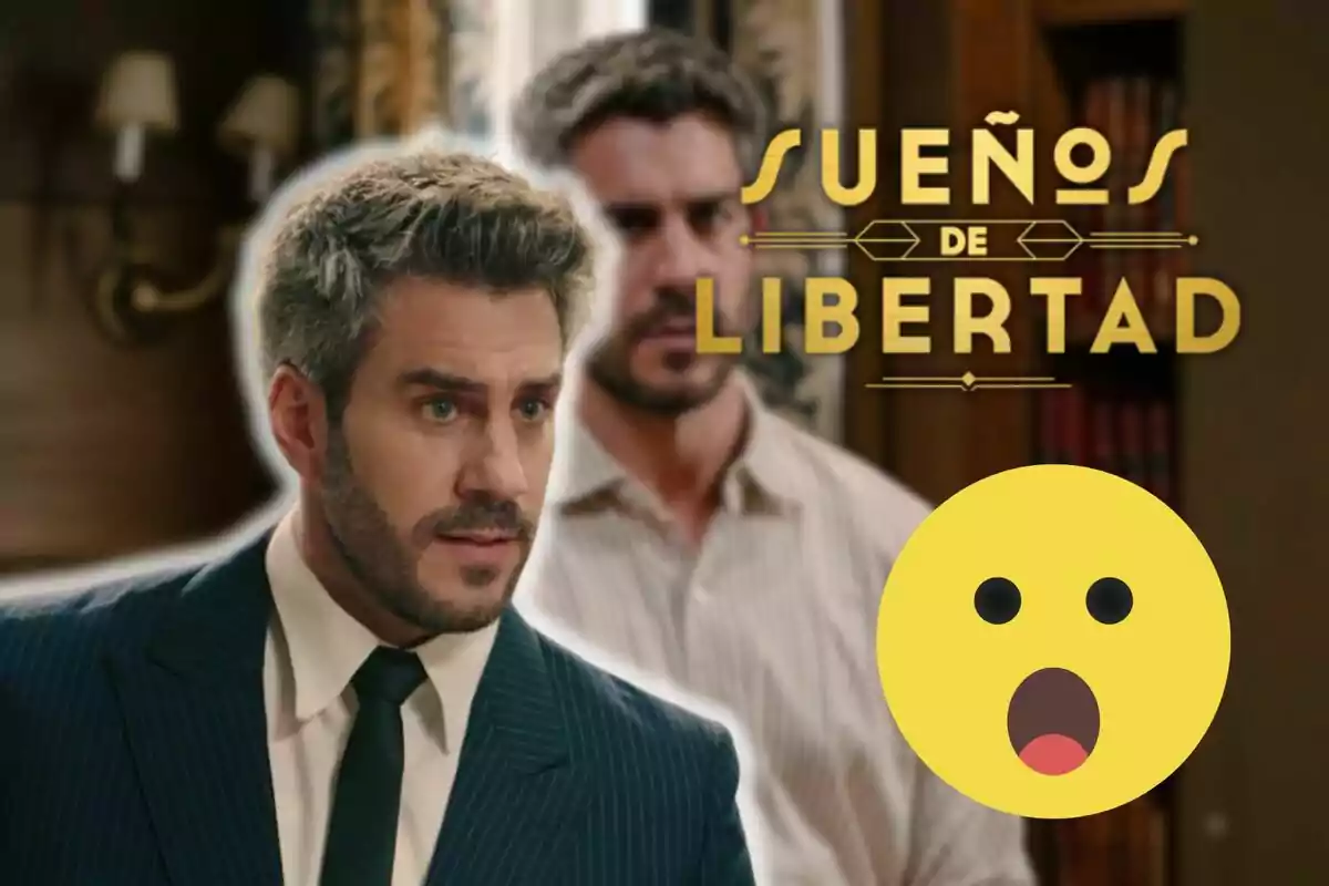 Dani Tatay con traje oscuro y corbata aparece en primer plano, mientras que otro hombre está desenfocado en el fondo; el texto "Sueños de Libertad" está sobre la imagen y un emoji sorprendido se encuentra en la esquina inferior derecha.