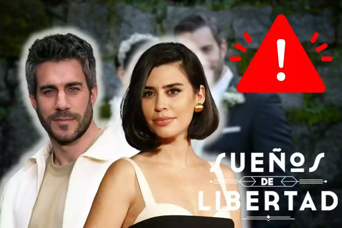 Dani Tatay y Roser Tapias posan frente a una imagen de fondo borroso con un triángulo rojo de advertencia y el texto "Sueños de Libertad".