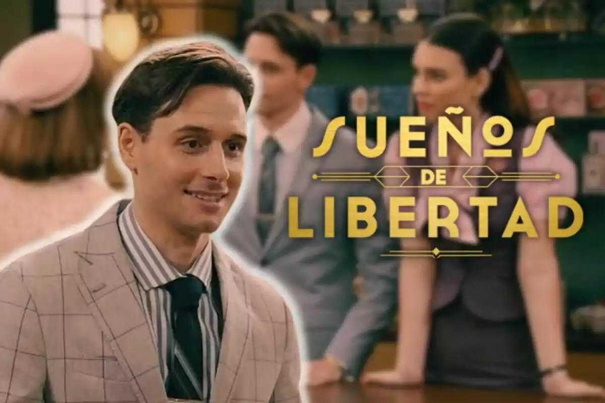 David Matarín sonriente con traje a cuadros y corbata en un entorno de estilo retro con el texto 