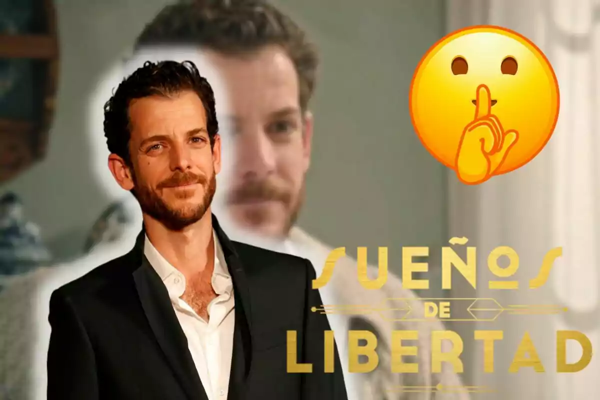 Guillermo Barrientos con traje oscuro sonriendo frente a un fondo borroso con un emoji de silencio y el texto "SUEÑOS DE LIBERTAD".