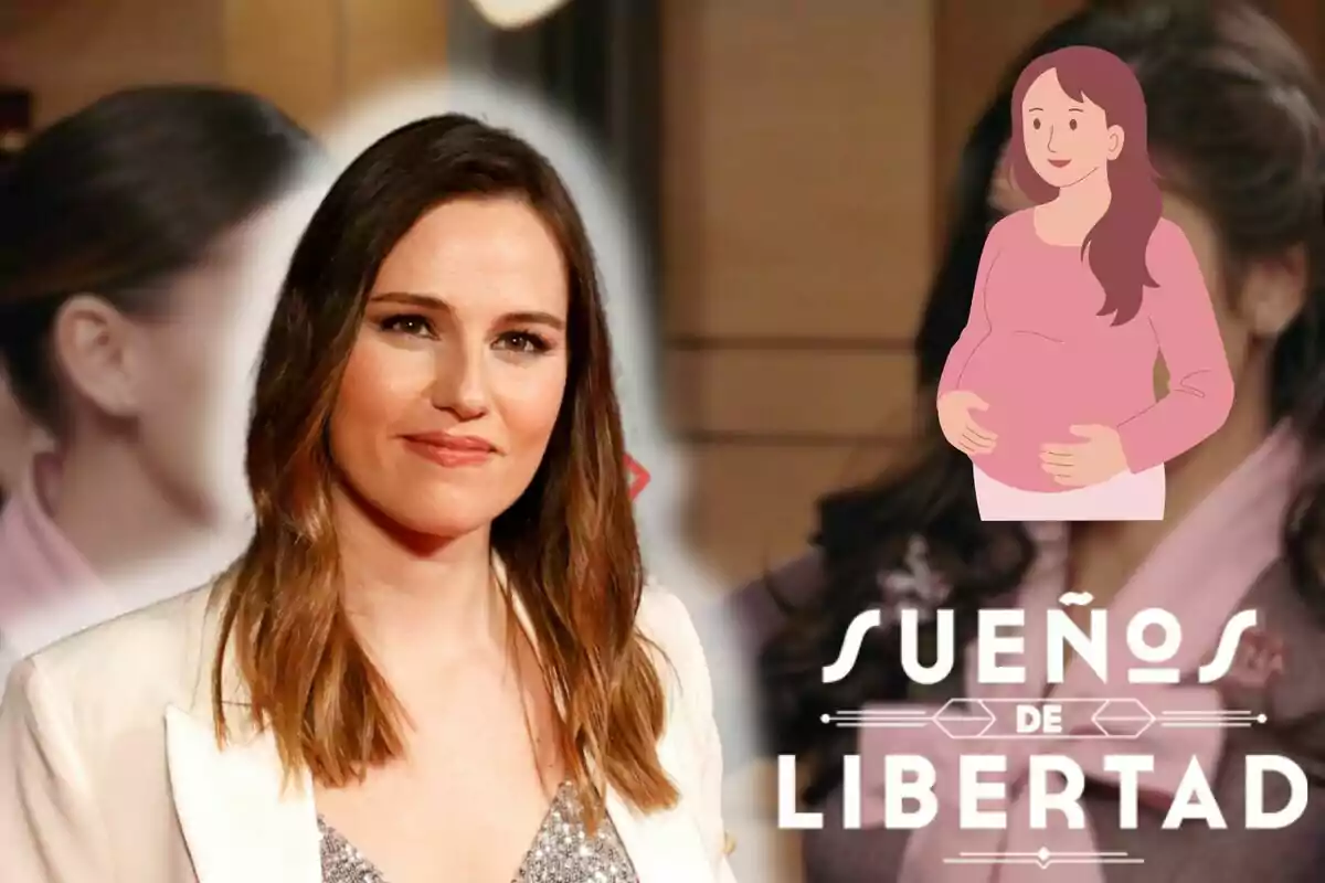 Isabel Moreno con una chaqueta blanca está sonriendo frente a un fondo desenfocado que incluye una ilustración de una mujer embarazada y el texto "Sueños de Libertad".