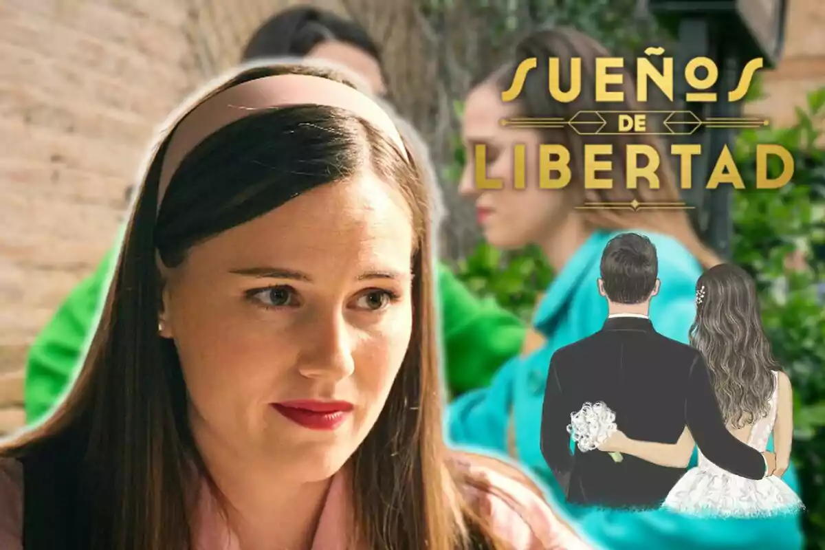 Isabel Moreno con diadema rosa aparece en primer plano, mientras que en el fondo se ve el título "Sueños de Libertad" junto a una ilustración de una pareja de espaldas.