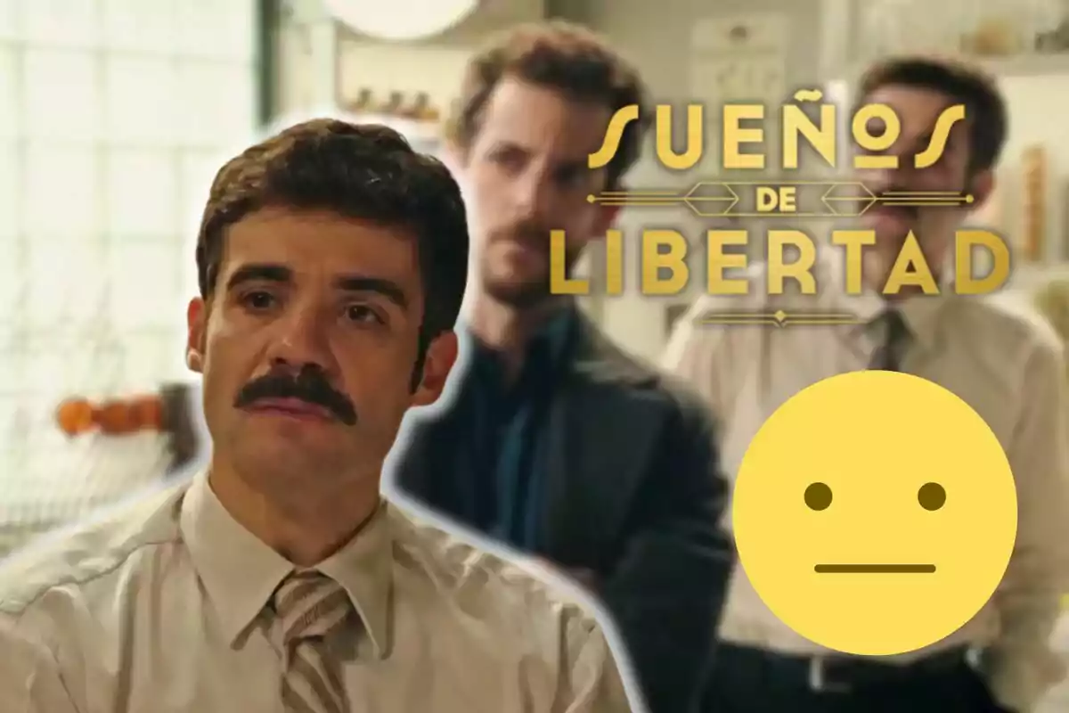 Javier Beltrán con bigote y corbata aparece en primer plano, mientras que en el fondo se ven dos personas desenfocadas y el texto "Sueños de Libertad".