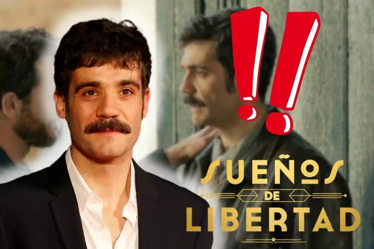 Javier Beltrán con bigote y traje oscuro frente a un fondo con dos hombres y el texto "Sueños de Libertad" acompañado de signos de exclamación rojos.