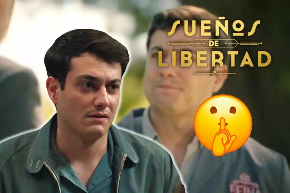 José Milán con expresión seria aparece en primer plano mientras que en el fondo se ve a otra persona desenfocada junto al texto "Sueños de Libertad" y un emoji de silencio.