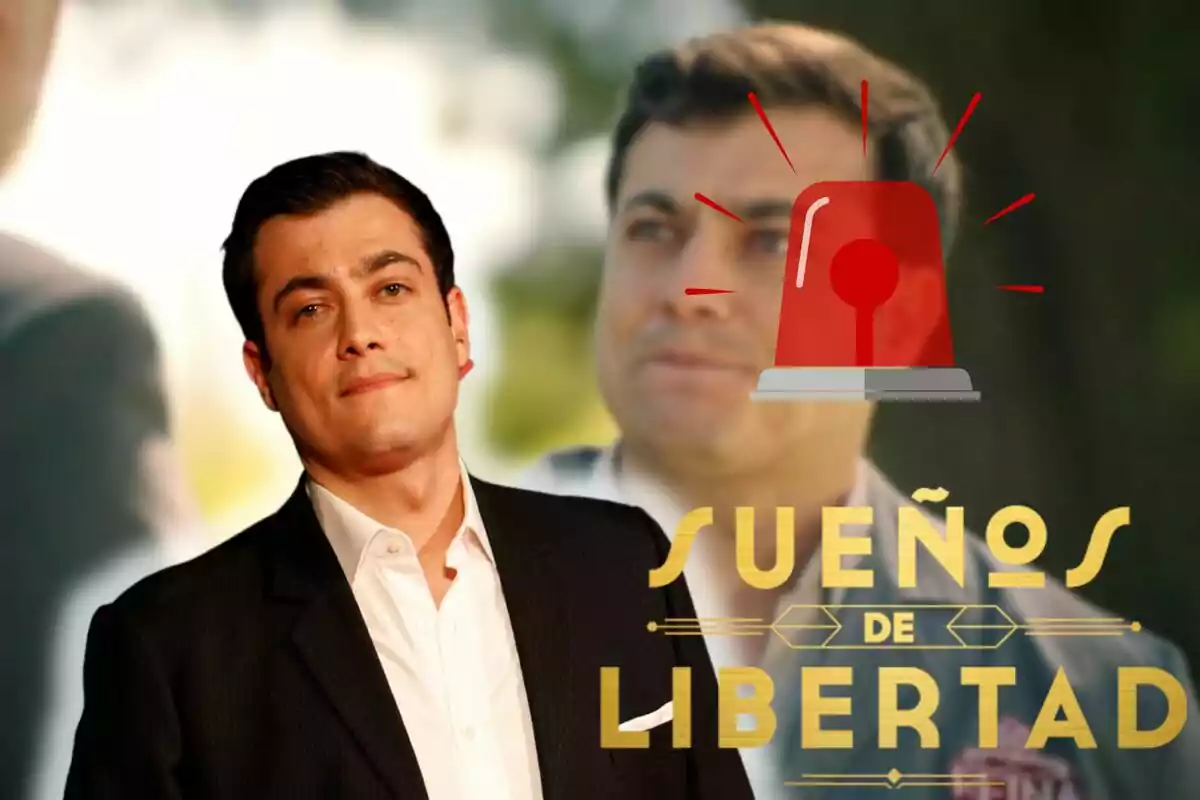 José Milán con traje oscuro y camisa blanca aparece en primer plano, mientras que en el fondo se ve una imagen borrosa de él mismo. En la parte inferior derecha de la imagen, hay un gráfico de una sirena roja y el texto "Sueños de Libertad".