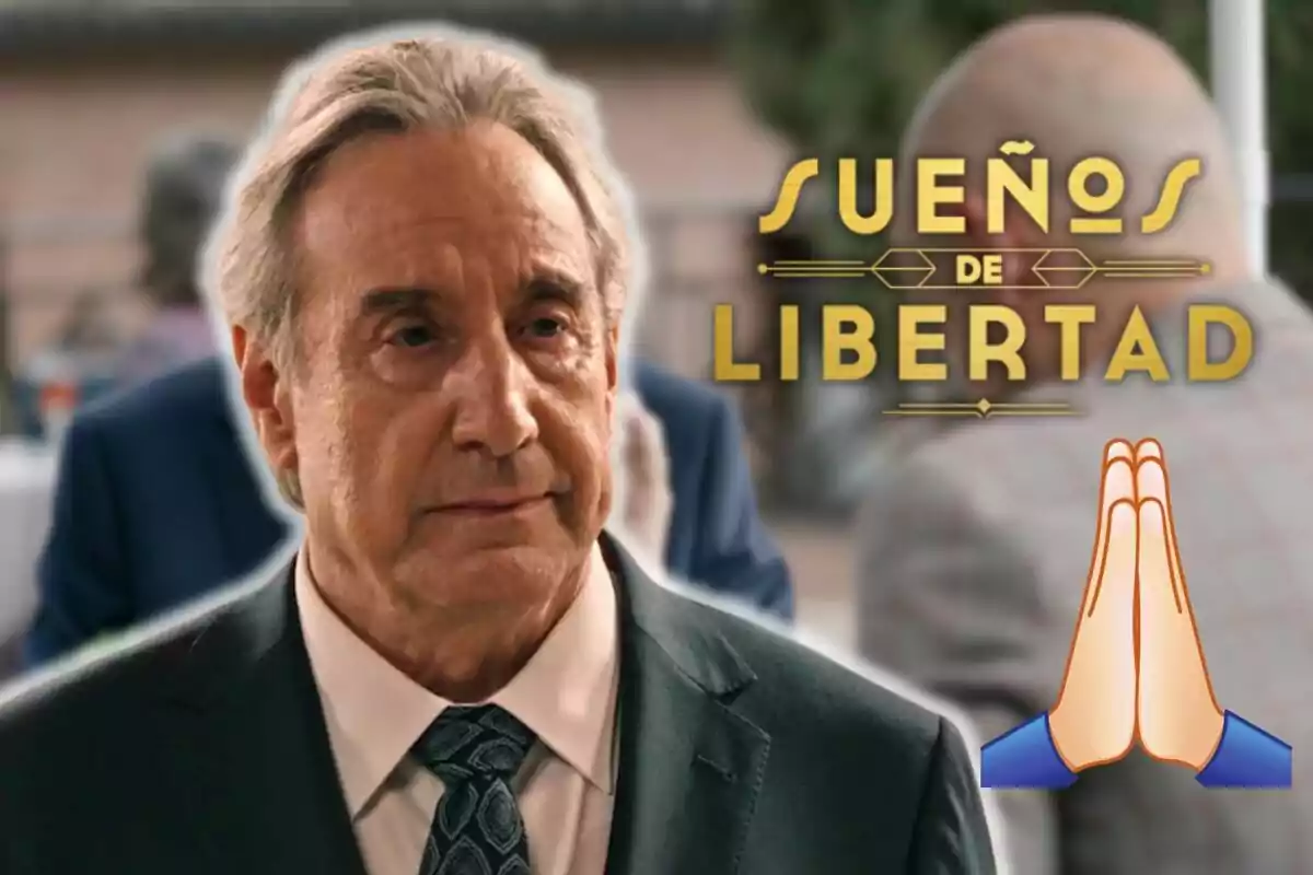 Juanjo Puigcorbé in a suit and tie appears in the foreground with the text "Dreams of Freedom" and a praying hands emoji.