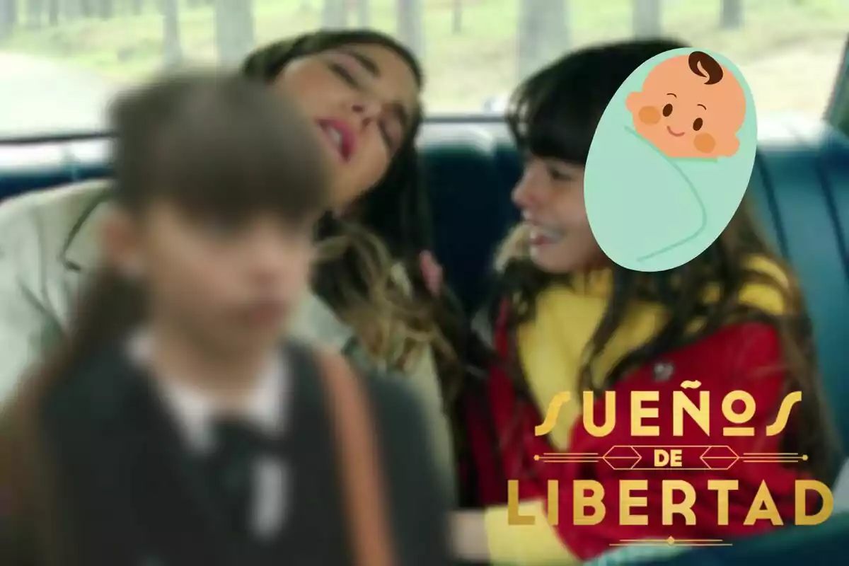 Montaje de una escena de 'Sueños de libertad', Julia desenfocada, un bebé y el logo de la serie