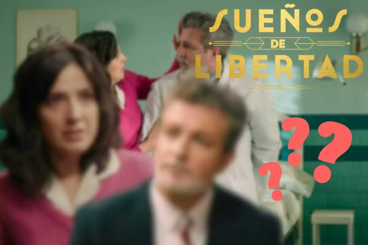 Imagen borrosa de "Sueños de Libertad" con dos personas en primer plano y signos de interrogación rojos.