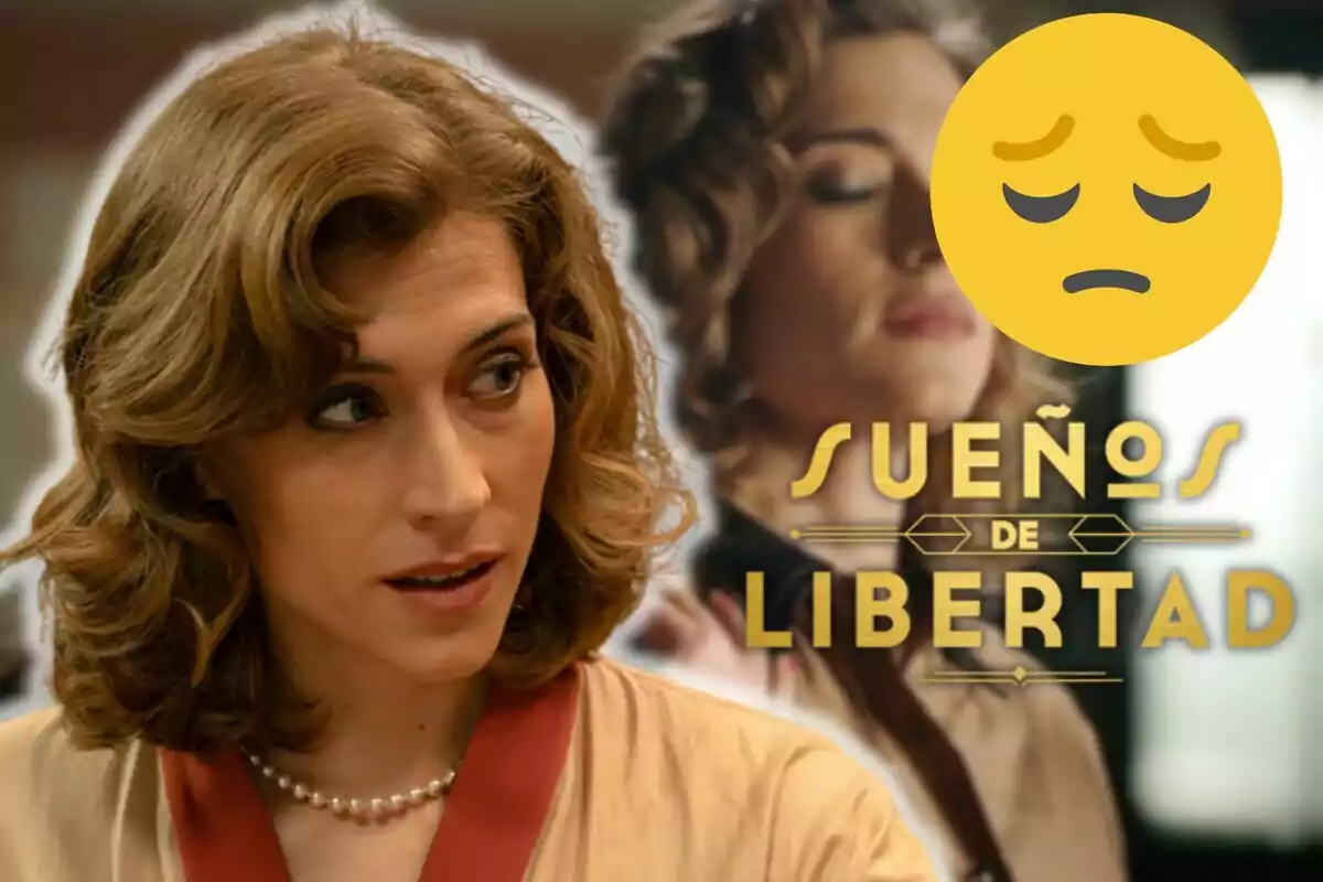 Marta Belmonte con expresión seria aparece en primer plano mientras que en el fondo se ve una imagen borrosa de ella con los ojos cerrados y un emoji de cara triste junto al texto "Sueños de Libertad".