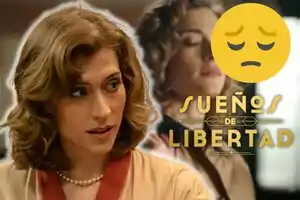 Marta Belmonte con expresión seria aparece en primer plano mientras que en el fondo se ve una imagen borrosa de ella con los ojos cerrados y un emoji de cara triste junto al texto 