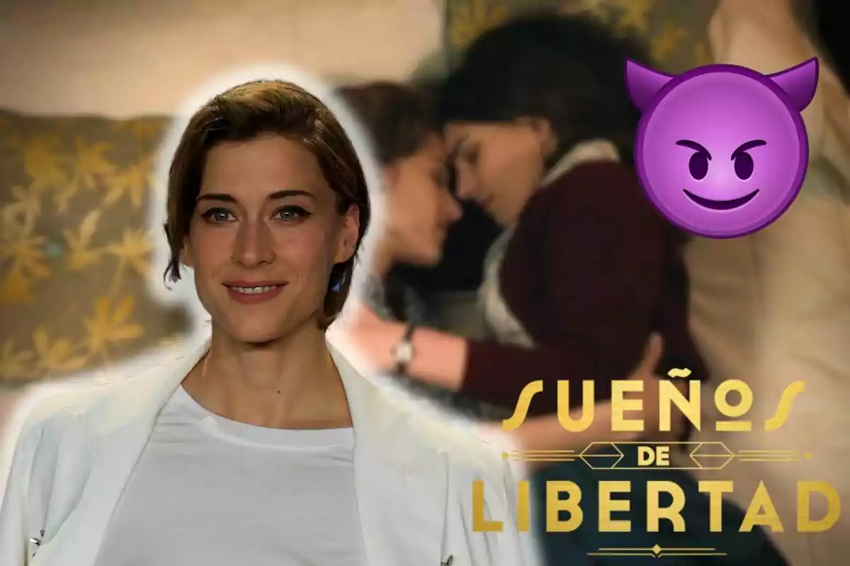 Marta Belmonte sonriente en primer plano con una escena borrosa de dos personas acostadas en el fondo, un emoji de diablillo púrpura y el texto "Sueños de Libertad".