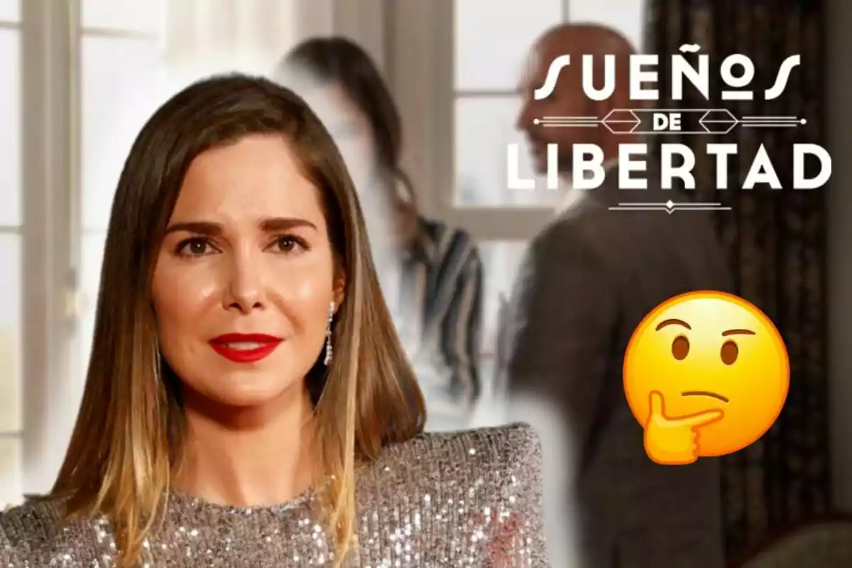 Natalia Sánchez con labios rojos y vestido brillante aparece en primer plano, con el título "Sueños de Libertad" y un emoji pensativo en el fondo.