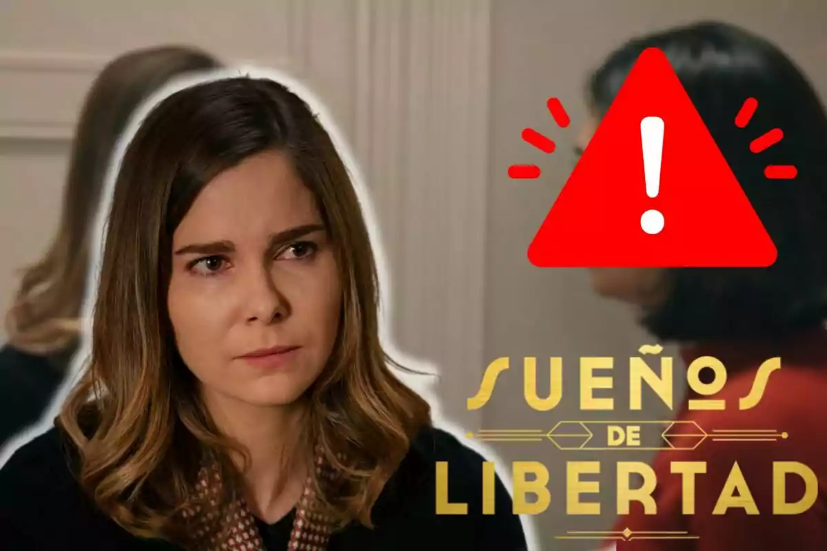 Natalia Sánchez con expresión seria aparece en primer plano, con un triángulo rojo de advertencia y el texto "Sueños de Libertad" en la parte inferior derecha.