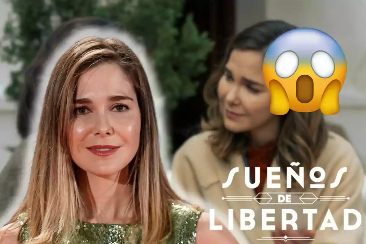 Natalia Sánchez con vestido verde aparece en primer plano, mientras que en el fondo se ve a otra mujer con un emoji de sorpresa sobre su rostro y el texto "Sueños de Libertad".