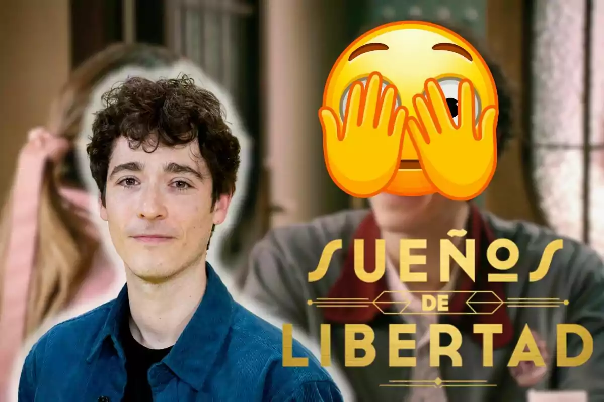 Pablo Béjar con cabello rizado y una chaqueta azul aparece frente a un fondo borroso que muestra a otra persona con un emoji de cara tapada y el texto "Sueños de Libertad".