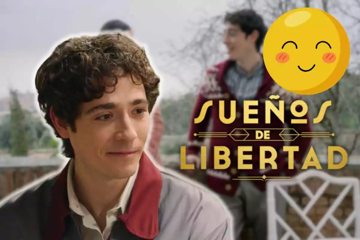 Pablo Béjar con cabello rizado sonríe mientras está al aire libre, acompañado de un emoji sonriente y el texto "Sueños de Libertad".