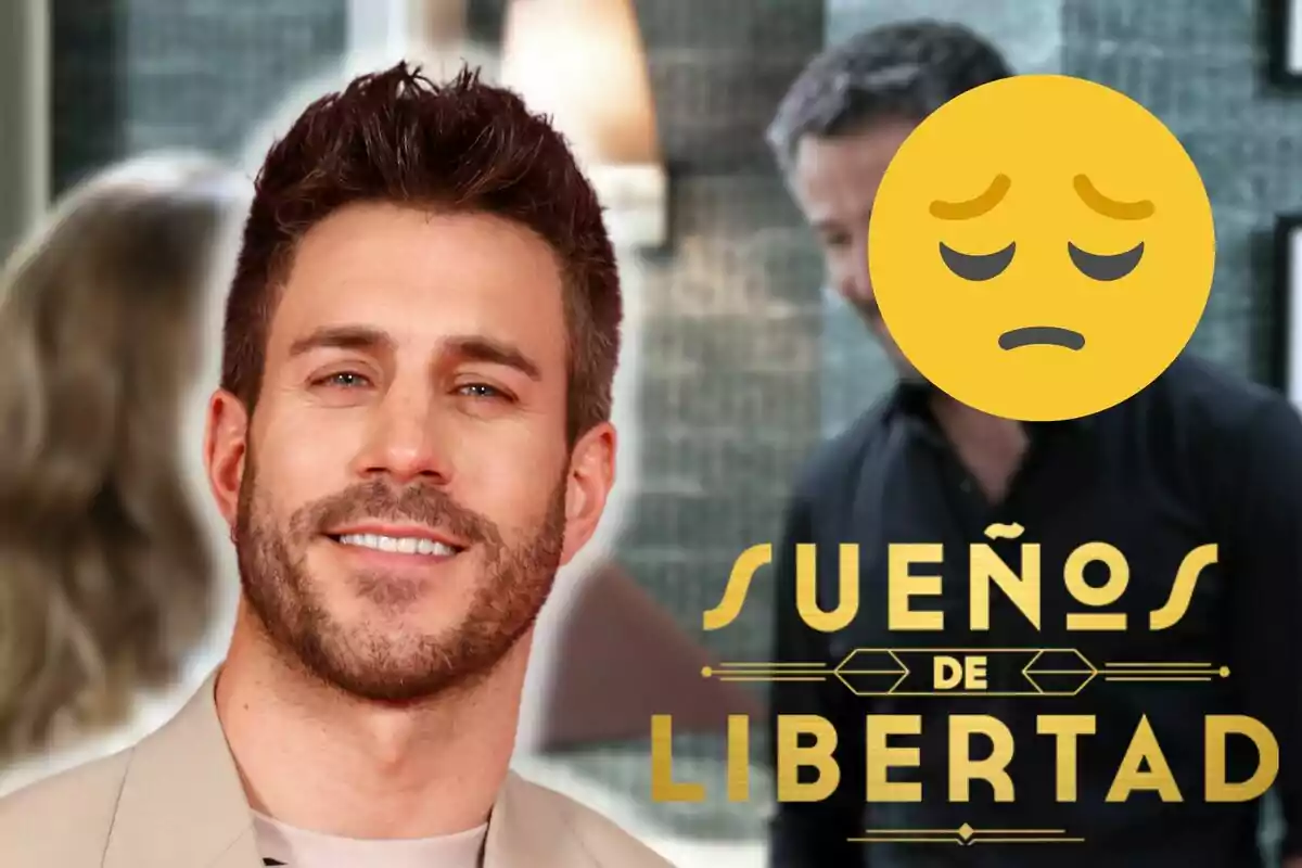 Dani Tatay sonriente en primer plano con el texto "Sueños de Libertad" en la parte inferior derecha y un emoji triste cubriendo el rostro de otra persona en el fondo.