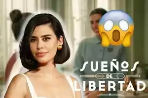 Montaje de una escena de 'Sueños de libertad', Roser Tapias con tirantes blancos, un emoji de sorpresa y el logo de la serie