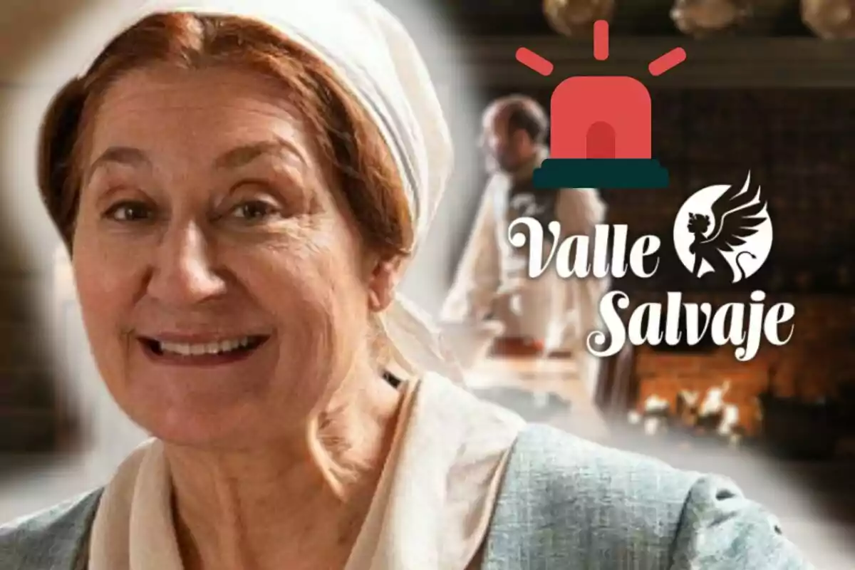 Chiqui Fernández sonriente con pañuelo en la cabeza en primer plano, fondo de cocina desenfocado con un hombre y el logo de Valle Salvaje junto a una sirena de alerta roja