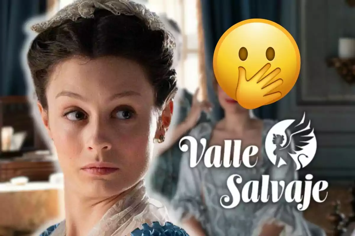 Emma Guilera con peinado de época mira hacia un lado, mientras que otra figura en el fondo tiene un emoji de cara sorprendida cubriendo su rostro; el texto "Valle Salvaje" aparece en la imagen.