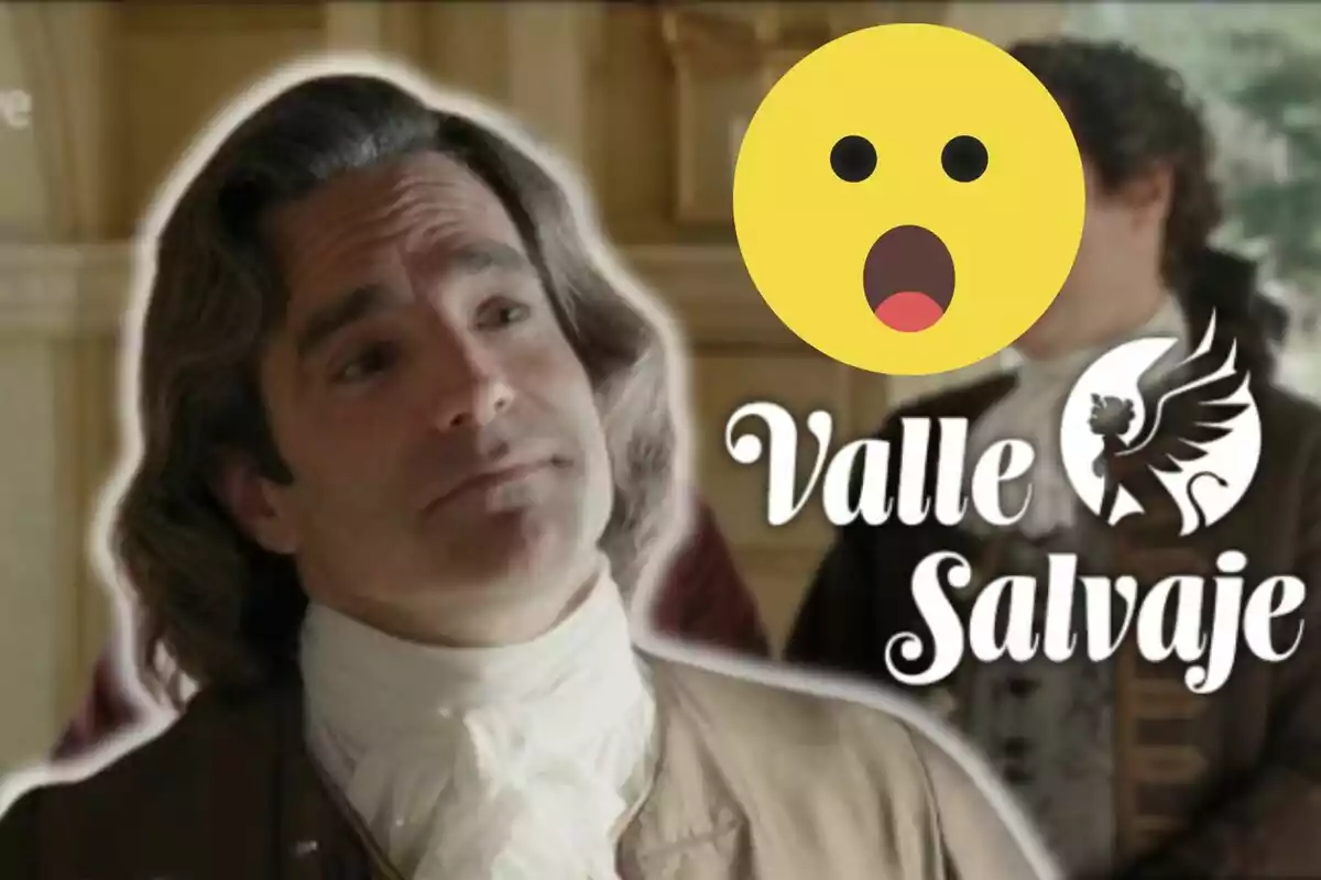 Fernando Corral con peluca y vestimenta de época aparece junto al logo de "Valle Salvaje" y un emoji sorprendido.