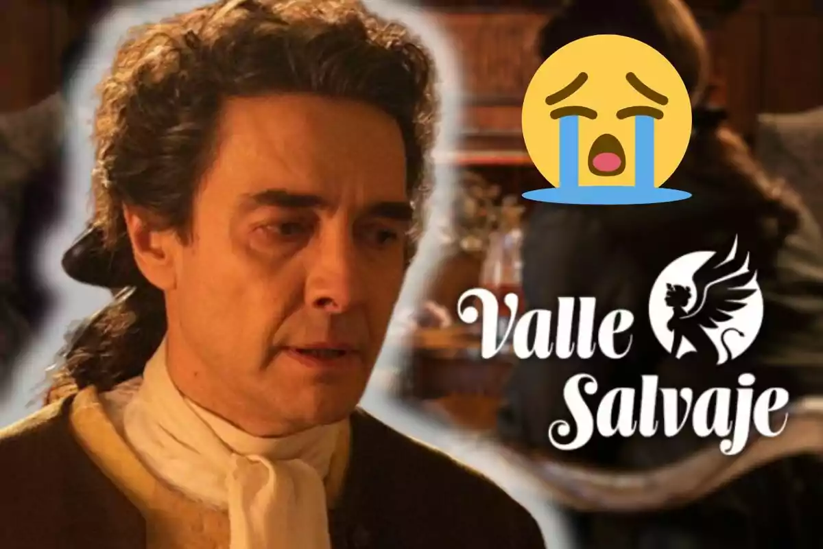 José Manuel Seda con expresión triste vestido con ropa de época, un emoji llorando y el texto Valle Salvaje junto a la silueta de un animal alado