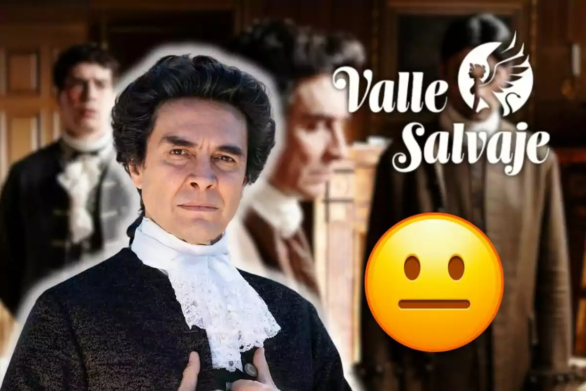 Montaje de una escena de 'Valle Salvaje', José Manuel Seda con un traje negro, el logo de la serie y un emoji neutro