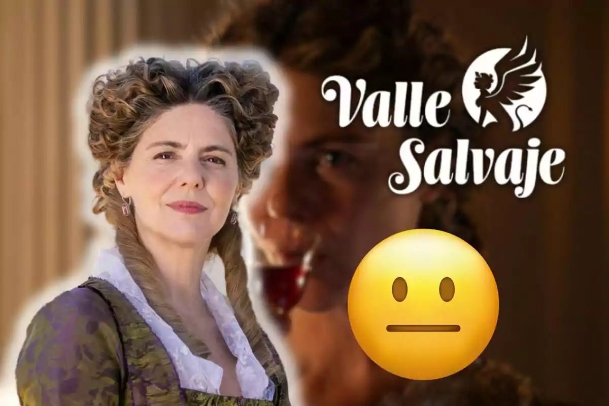 Manuela Velasco con peinado antiguo y vestido de época aparece en primer plano con el logo de "Valle Salvaje" y un emoji neutral sobre una imagen de fondo.