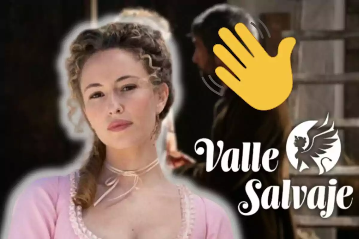 Marina Sabadell con cabello rizado y vestido rosa aparece en primer plano junto al logo de "Valle Salvaje" y un emoji de mano saludando.