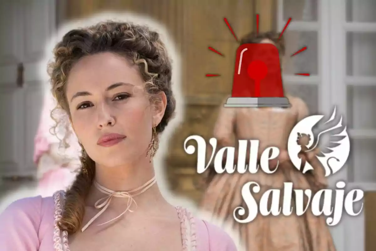 Marina Sabadell con vestido de época y cabello rizado aparece en primer plano junto al logo de "Valle Salvaje" y una sirena roja.