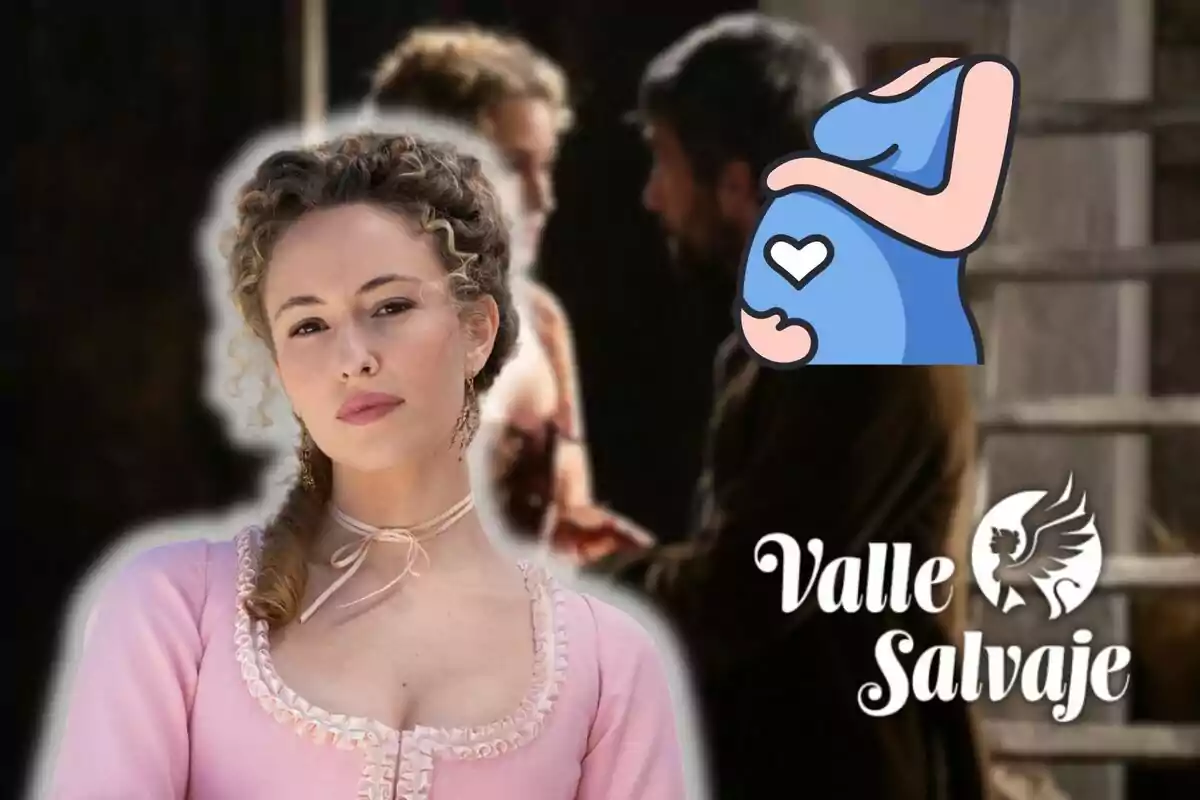 Marina Sabadell con vestido rosa aparece en primer plano, mientras que en el fondo se observa a una pareja desenfocada; hay un ícono de embarazo y el logo de "Valle Salvaje".