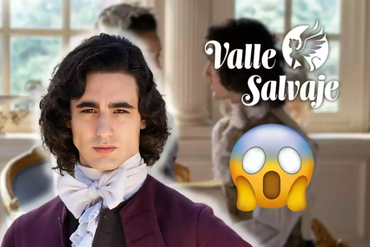 Mateo Jalón con vestimenta de época aparece en primer plano con un gesto serio mientras el logo de "Valle Salvaje" y un emoji sorprendido se superponen en la imagen.