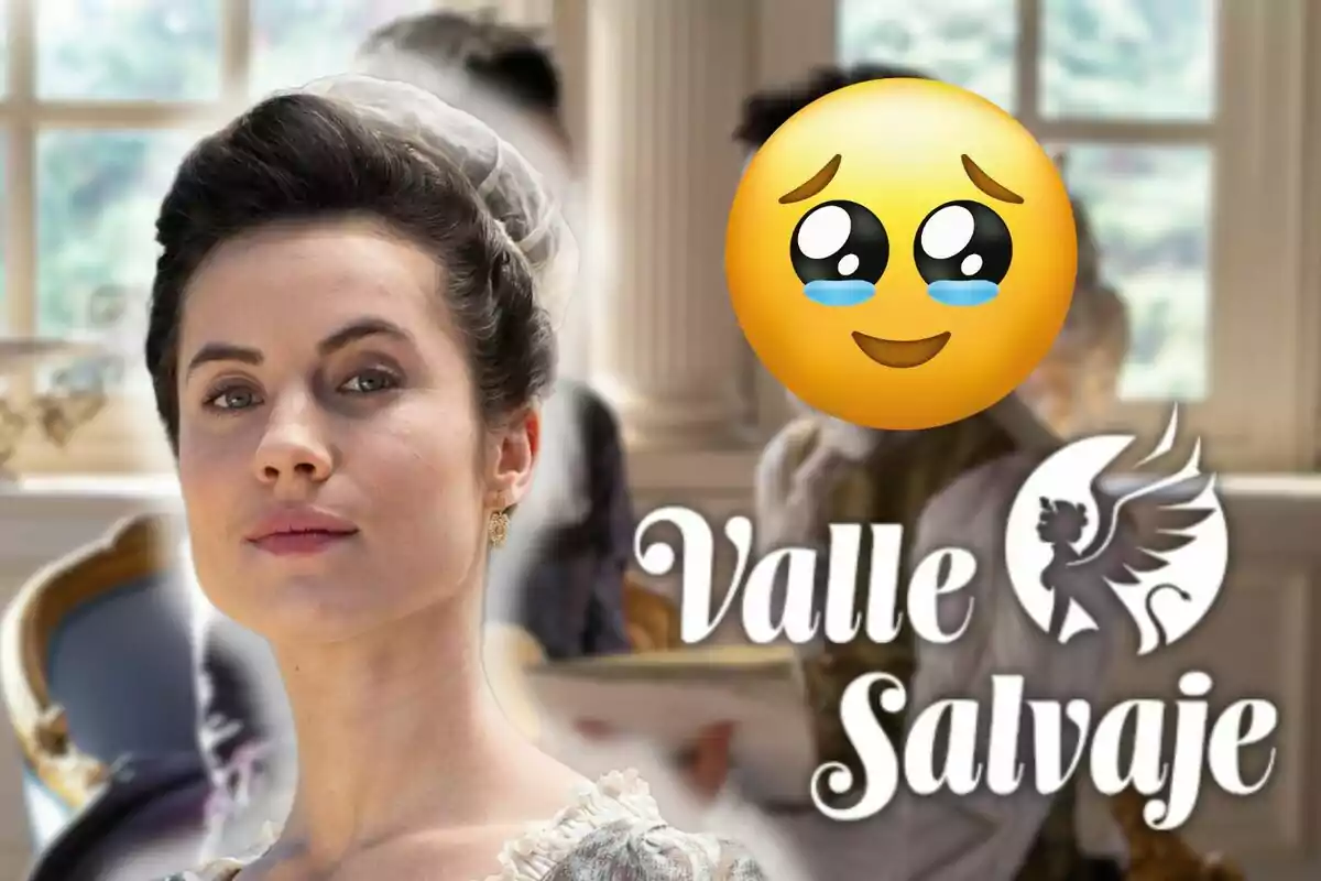 Miren Arrieta con vestimenta de época aparece en un entorno elegante junto al texto "Valle Salvaje" y un emoji sonriente con lágrimas de emoción.