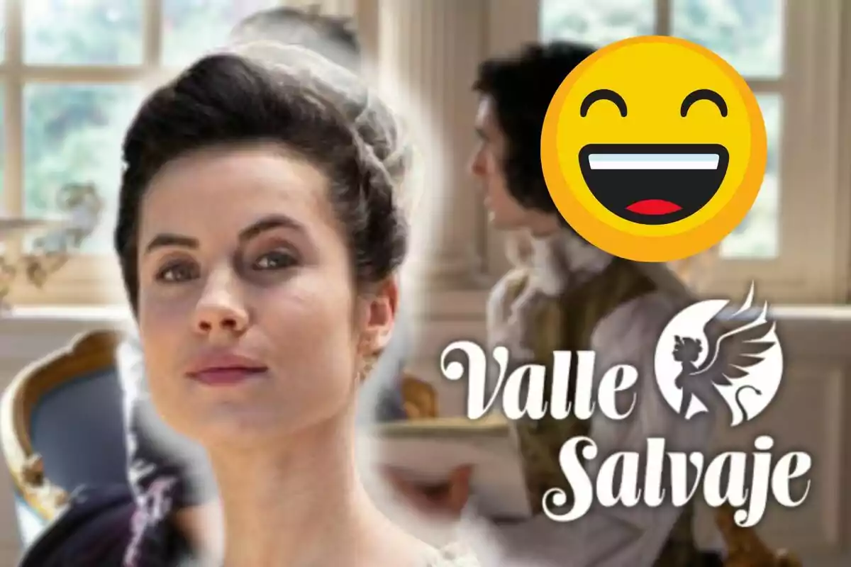 Miren Arrieta con peinado elegante aparece en primer plano mientras que en el fondo se ve a otra persona sentada; hay un emoji sonriente y el texto "Valle Salvaje" con un logotipo de un ángel alado.