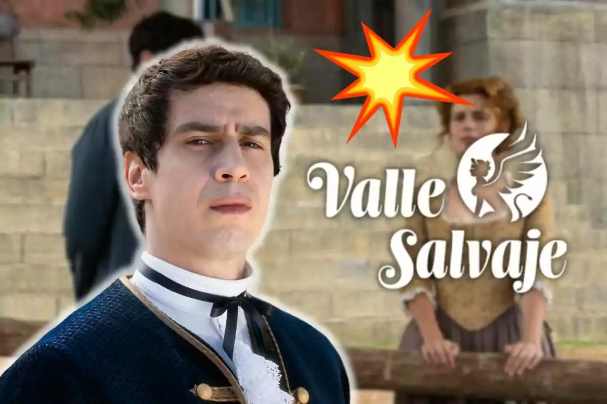 Nacho Olaizola con vestimenta de época aparece en primer plano con una expresión seria mientras una mujer está desenfocada en el fondo. El texto "Valle Salvaje" y un logotipo con una figura alada están sobre la imagen.