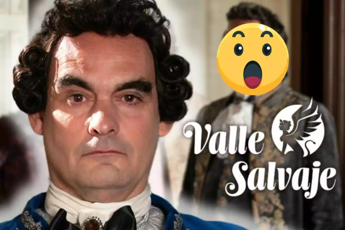 Óscar Rabadán con peluca y vestimenta de época mira al frente, al fondo aparece otra persona con la cara cubierta por un emoji de sorpresa y el texto Valle Salvaje junto a un logo de grifo.