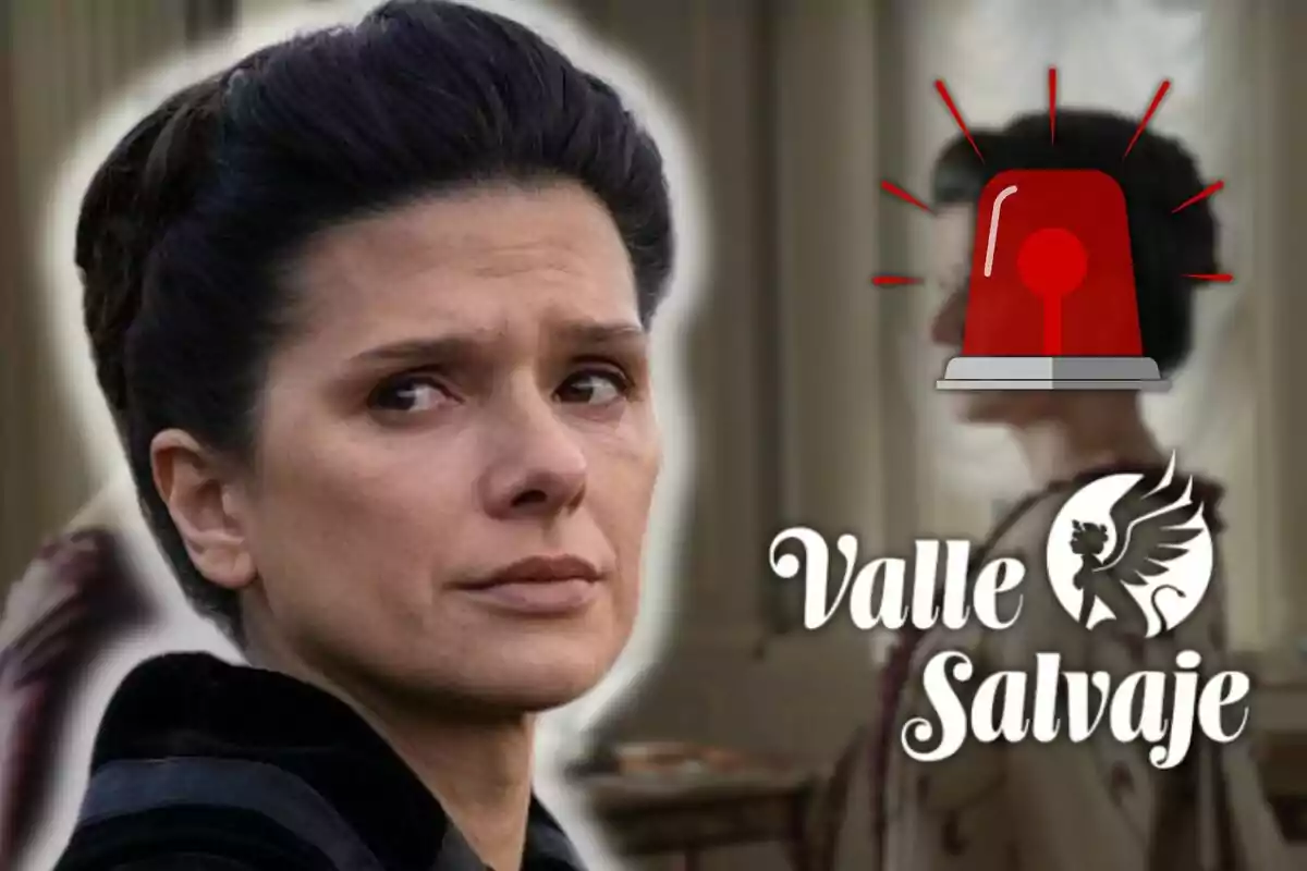 Sabela Arán de cabello oscuro con expresión seria junto a un logotipo que dice "Valle Salvaje" y una sirena roja.