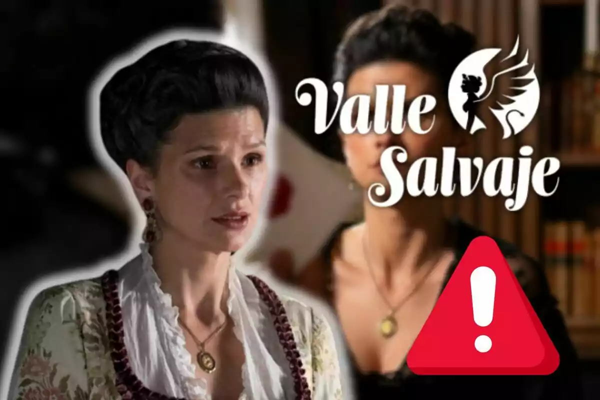 Sabela Arán con peinado antiguo y vestido elegante, logo de "Valle Salvaje" y un ícono de advertencia en la esquina.