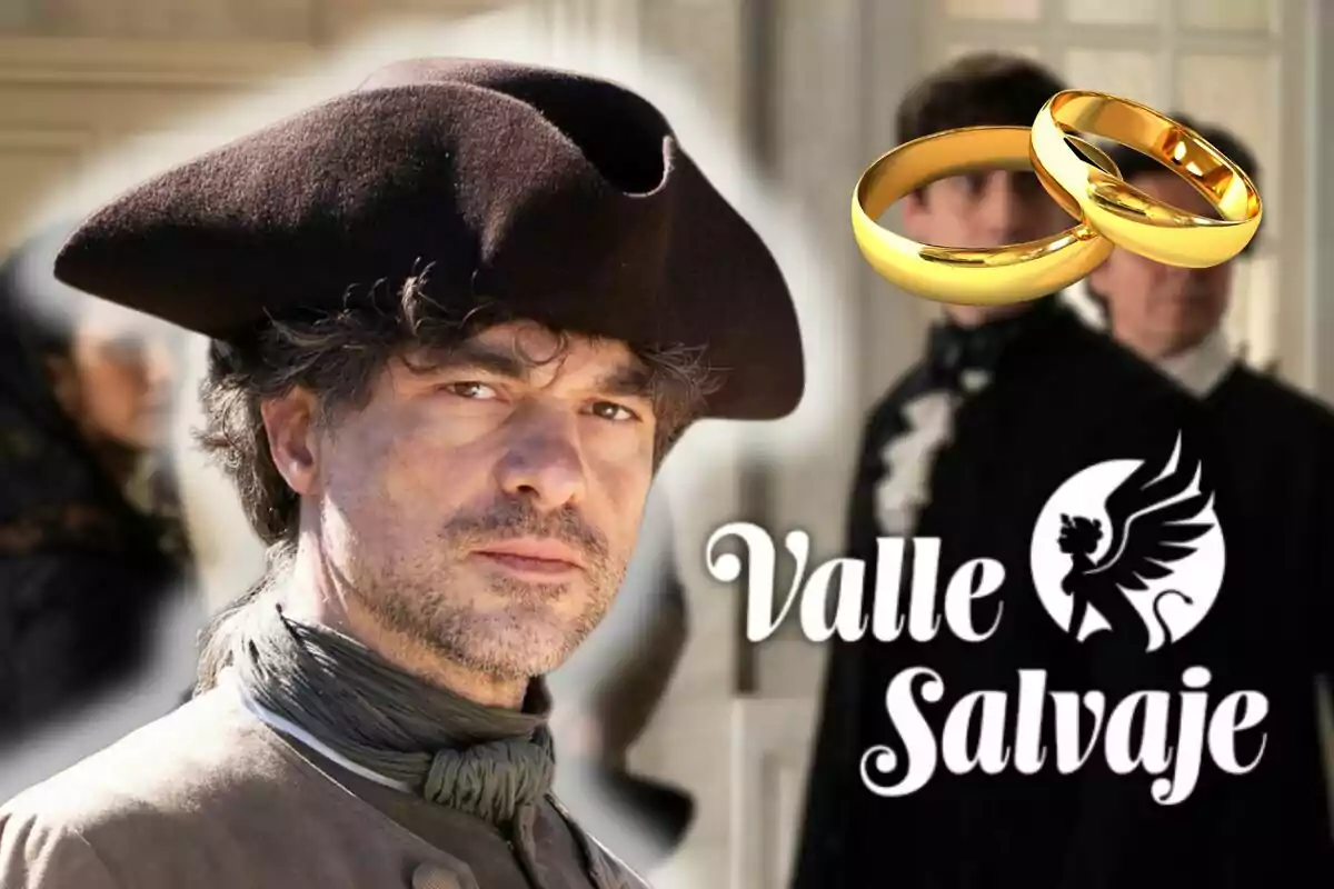 Toni Salgado con sombrero de época junto al logo de "Valle Salvaje" y dos anillos dorados.