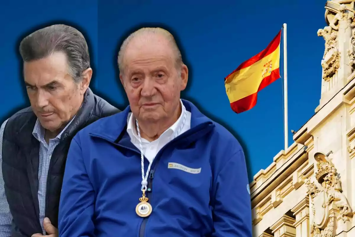 Pedro Campos y Juan Carlos I en primer plano con expresión seria y al fondo una bandera de España ondeando sobre un edificio histórico