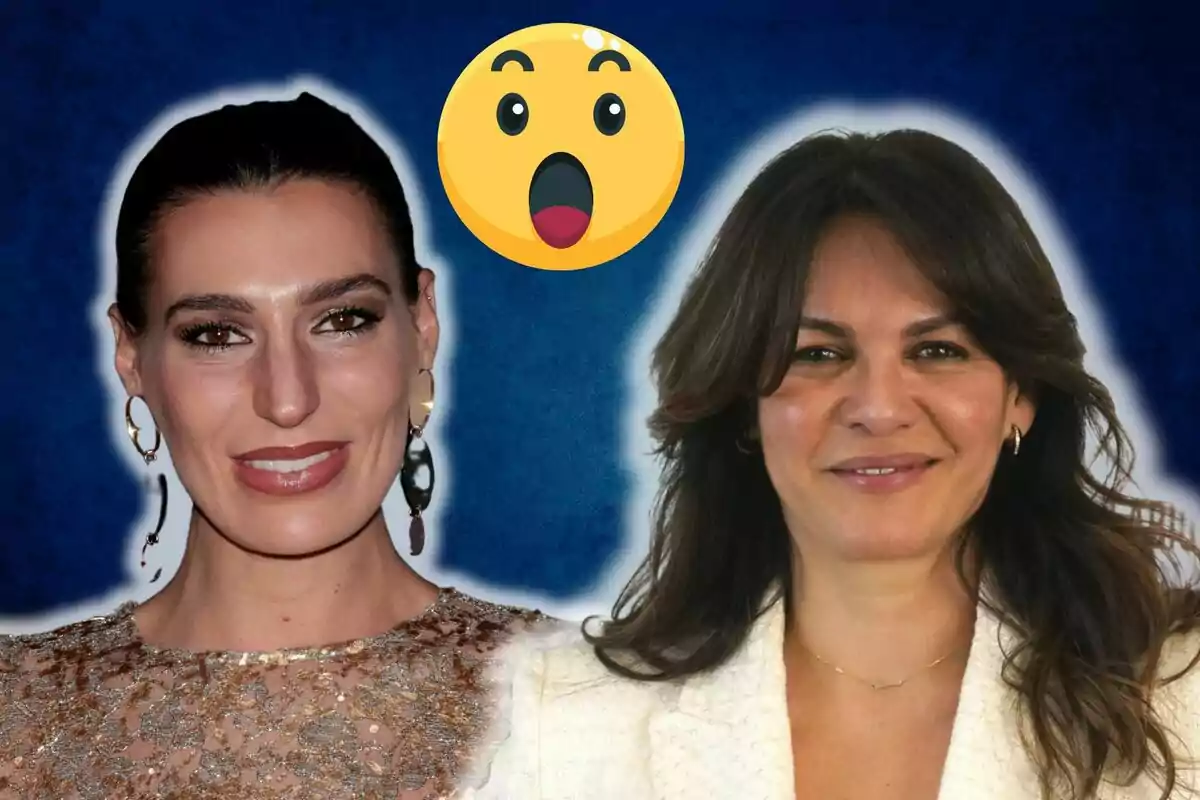 Eugenia Osborne y Fabiola Martínez sonrientes con un emoji sorprendido sobre un fondo azul.