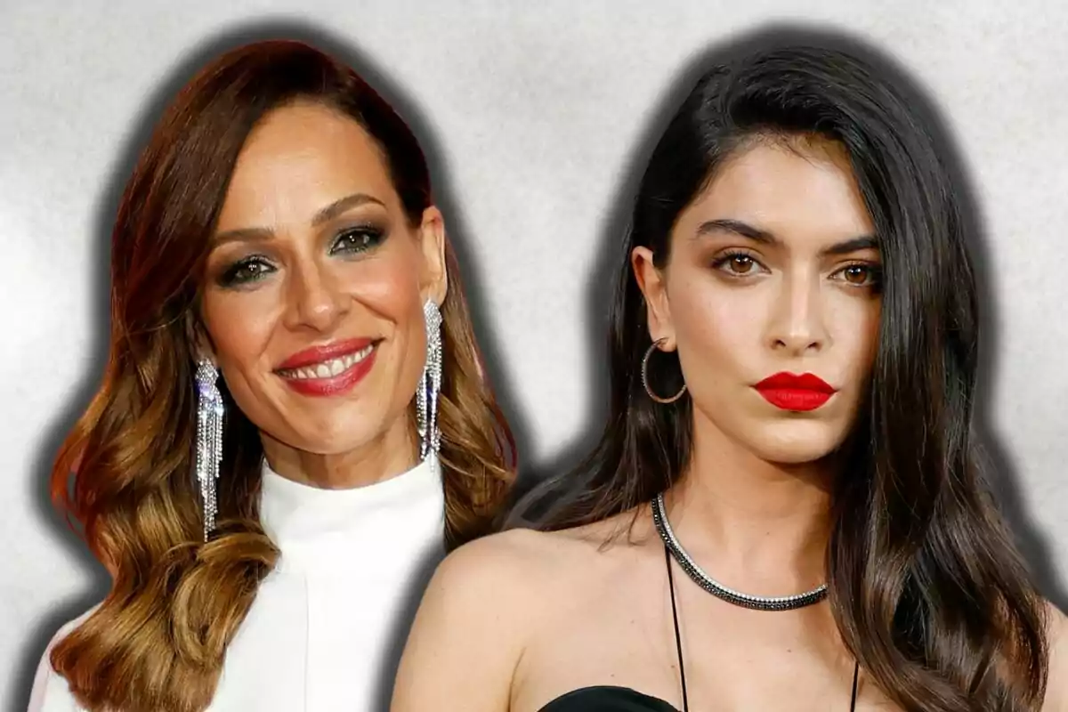 Eva González y Lucía Rivera posan frente a un fondo gris, una de ellas lleva un vestido blanco y pendientes largos, la otra viste de negro y luce labios rojos