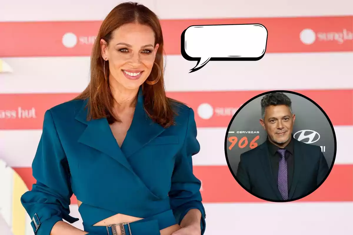 Eva González con una chaqueta azul y Alejandro Sanz en un círculo pequeño en la esquina inferior derecha, con un fondo de rayas rojas y blancas y un globo de diálogo vacío.