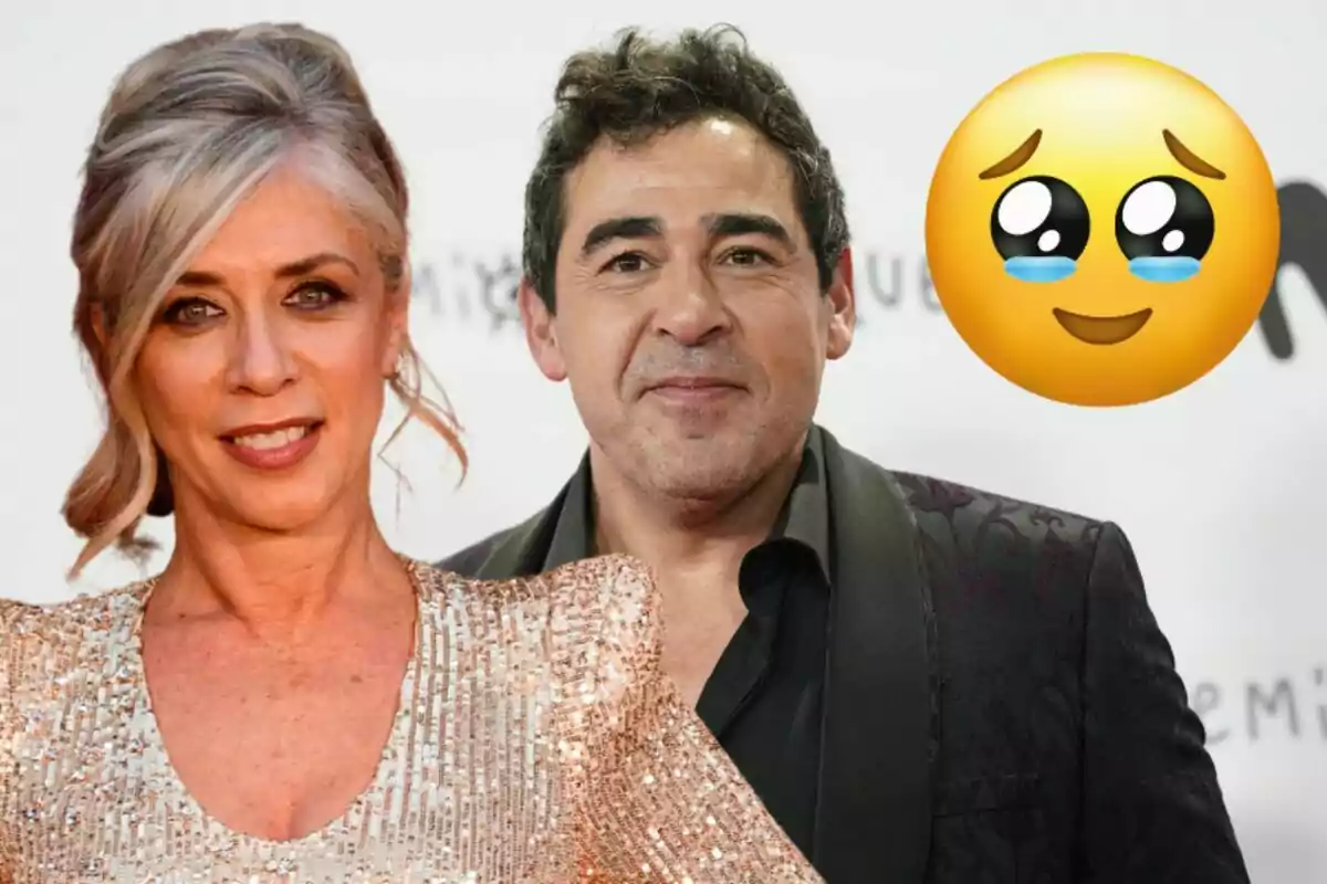 Eva Isanta y Pablo Chiapella posando para una foto con un emoji de carita llorando de felicidad en el fondo.