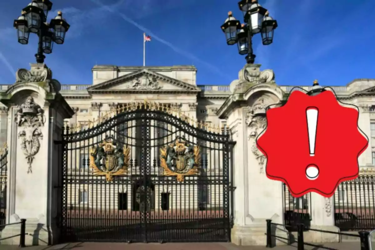 An image of a historic building with an ornate fence and a red warning symbol overlaid.